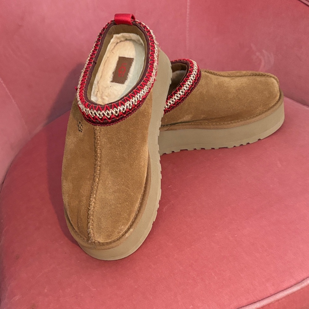 UGG Tan and Red Suede Slippers